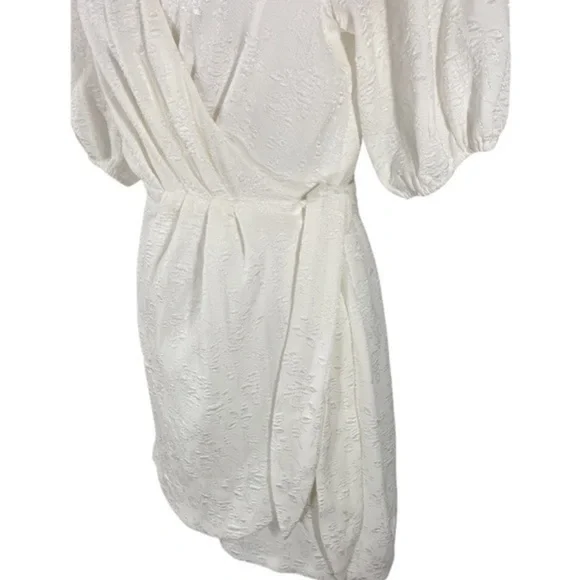 Lulu’s Still Dreaming White Jacquard Puff Sleeve Mini Wrap Dress OO16 - Picture 9 of 11